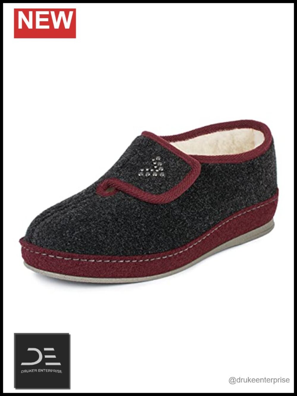 Women's Felt Slippers with Virgin Wool Lining, Non-Slip Sole, Adjustable Strap